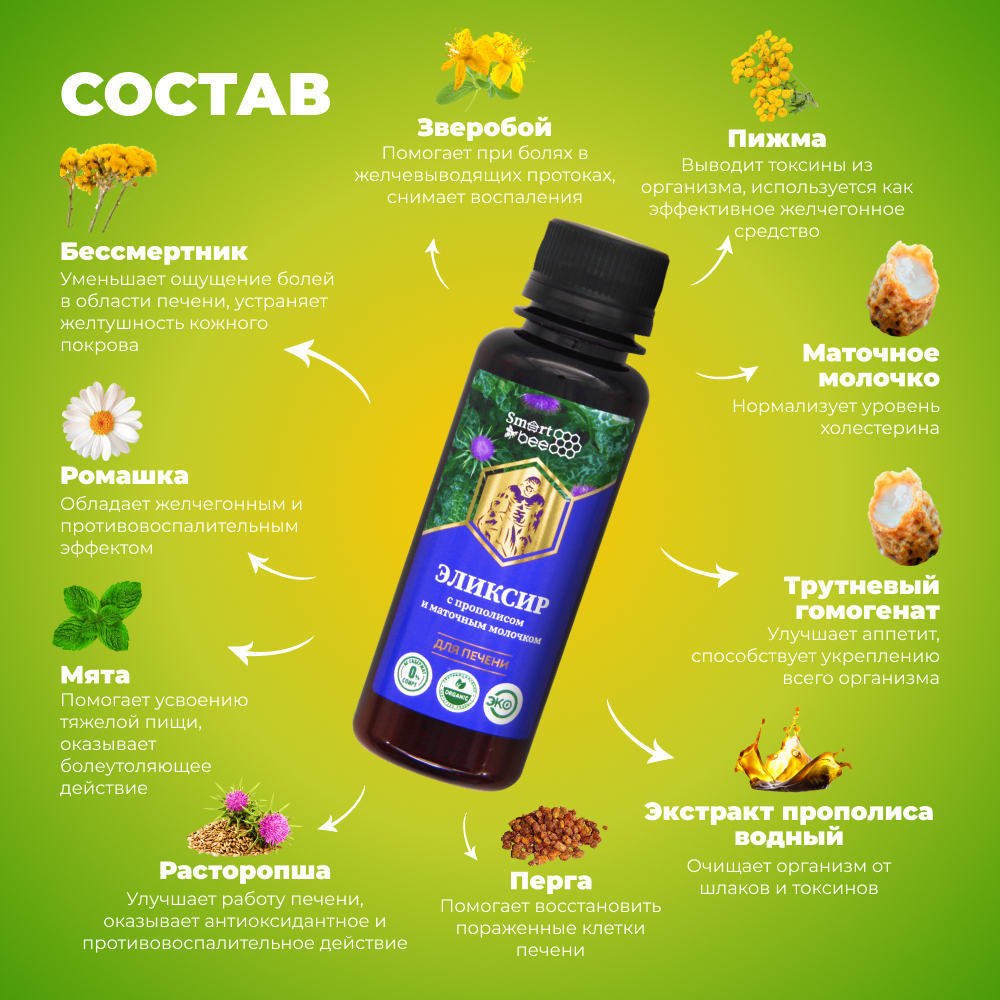 Smart Bee (Смарт Би) Эликсир травяной с прополисом и маточным молочком "Для печени"